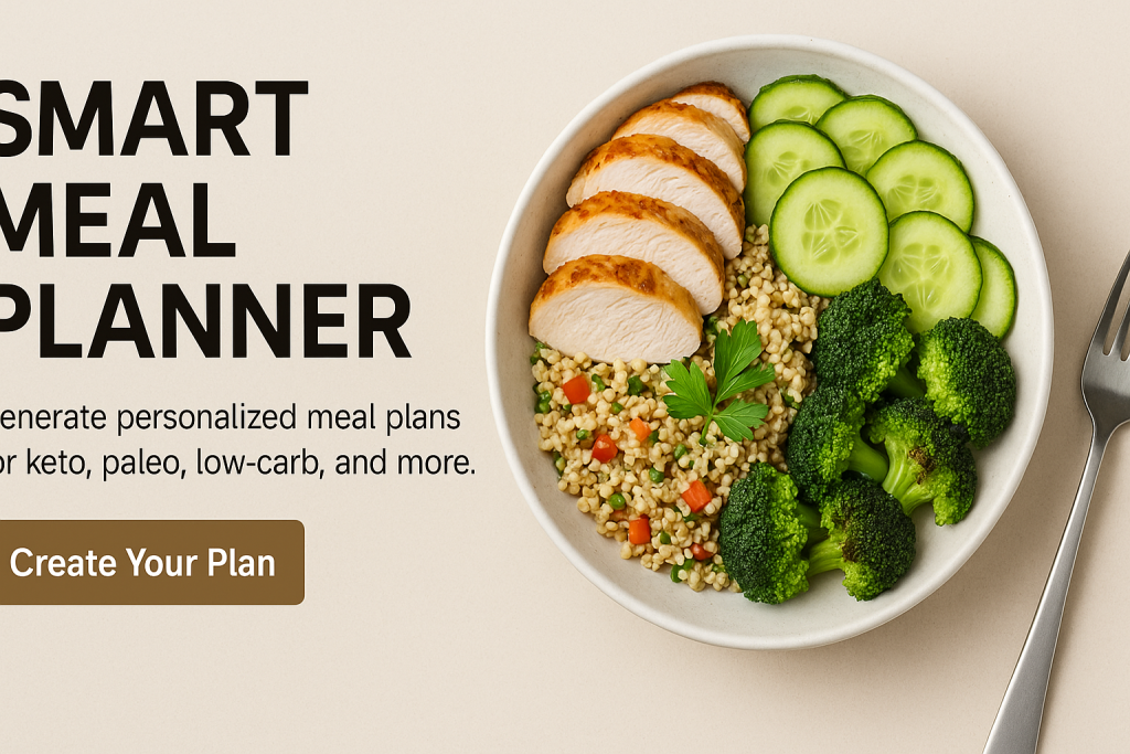 A promotional web advertisement for a “Smart Meal Plan Generator,” featuring a modern kitchen backdrop with vibrant vegetables, clean typography, and a call-to-action button, designed in a wide horizontal format for website headers.